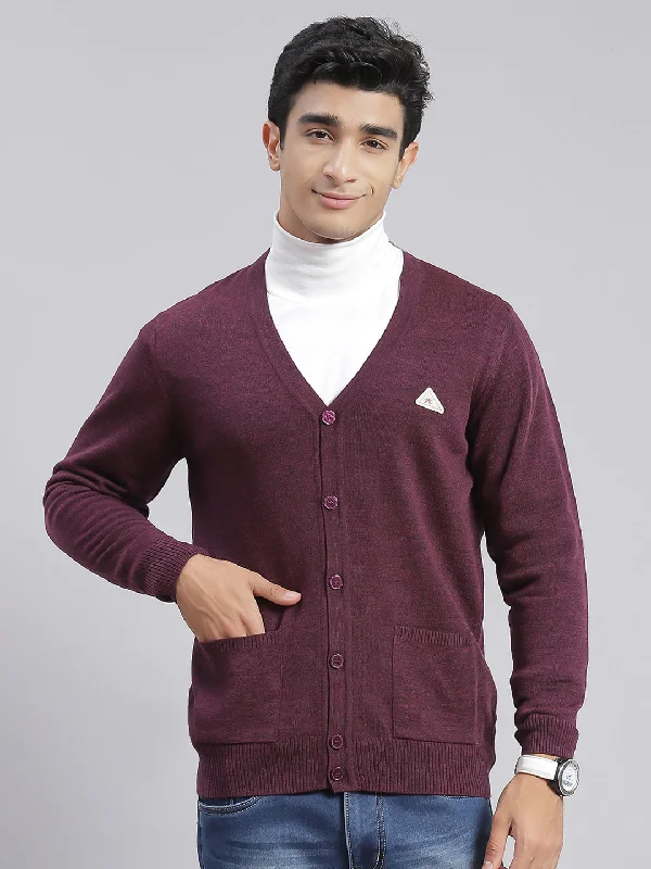 Men's Sweaters with Patchwork DesignsMen Purple Solid V Neck Full Sleeve Cardigans