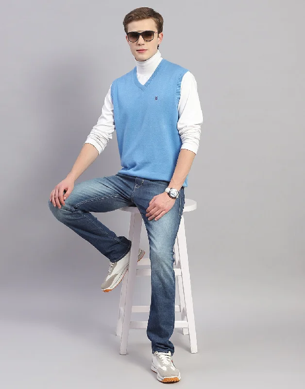 Men's Sweaters for Dressy EventsMen Blue Solid V Neck Sleeveless Sweater