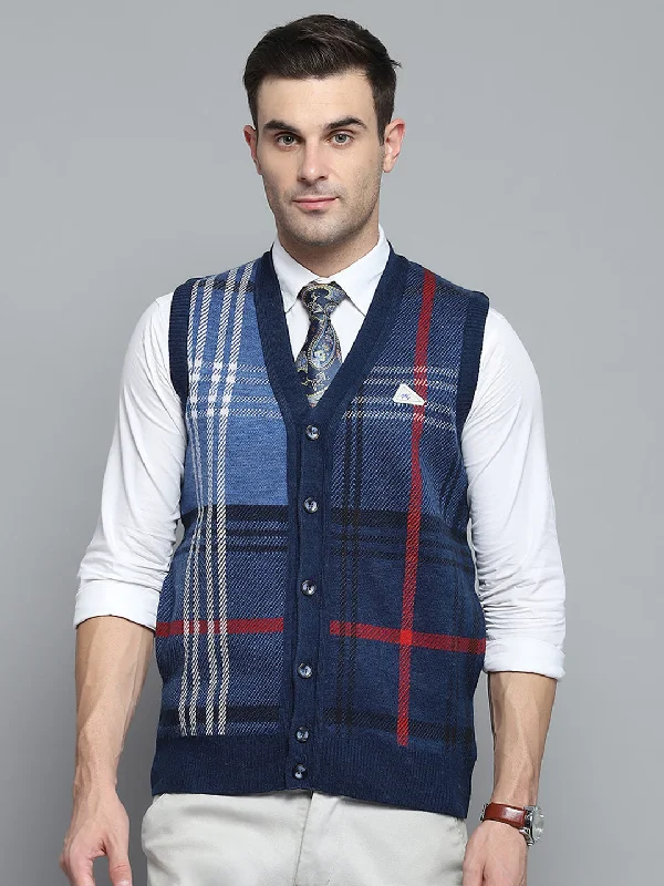 Casual Men's Pullover SweatersMen Blue Self Design V Neck Sleeveless Cardigan