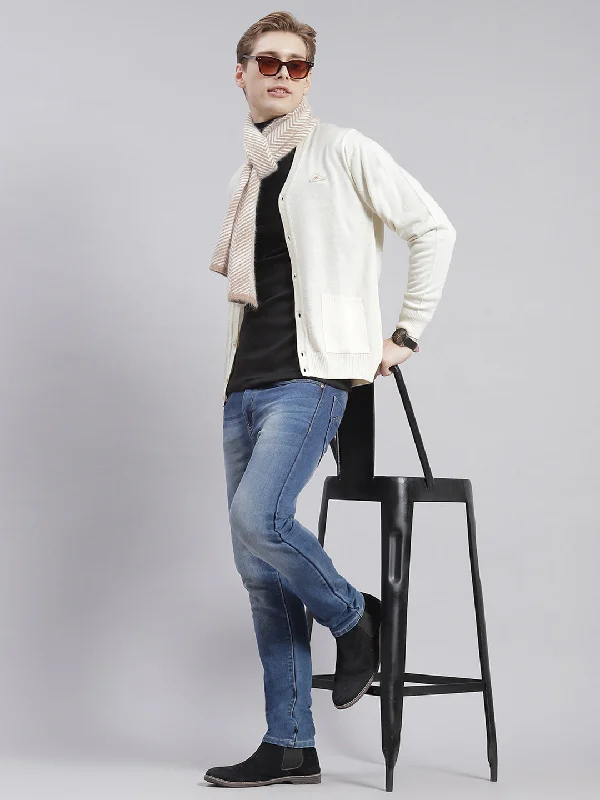 Men's Sweaters with Hidden PocketsMen Cream Solid V Neck Full Sleeve Cardigans