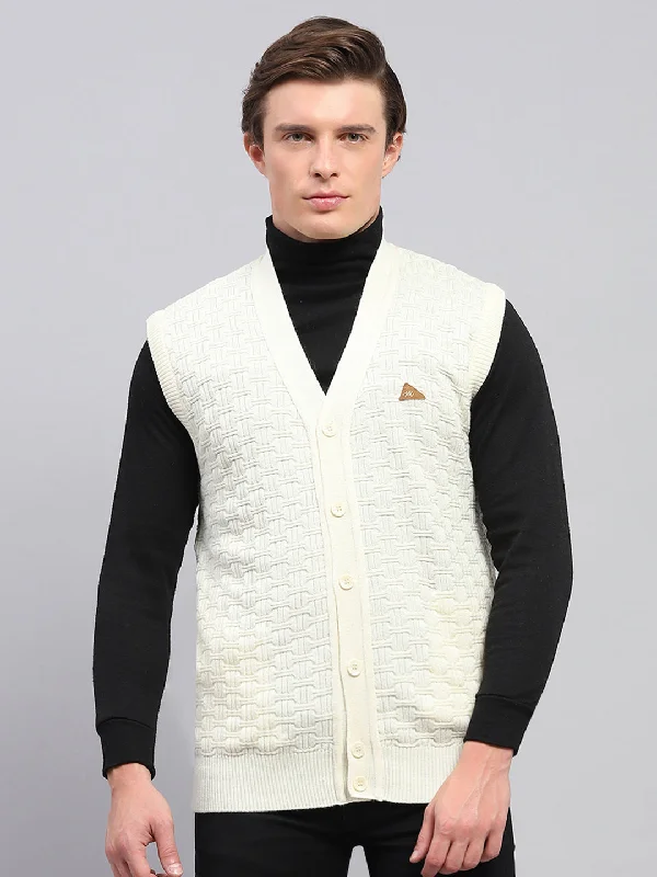 Men's Sweaters with Ribbed HemsMen White Self Design V Neck Sleeveless Cardigan