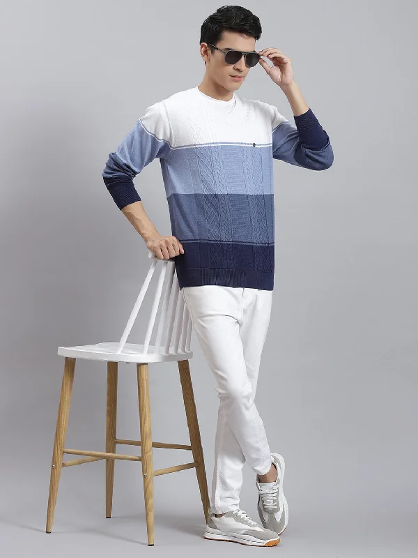 Fitted Men's Slim-Fit SweatersMen Blue Stripe V Neck Full Sleeve Sweaters/Pullovers