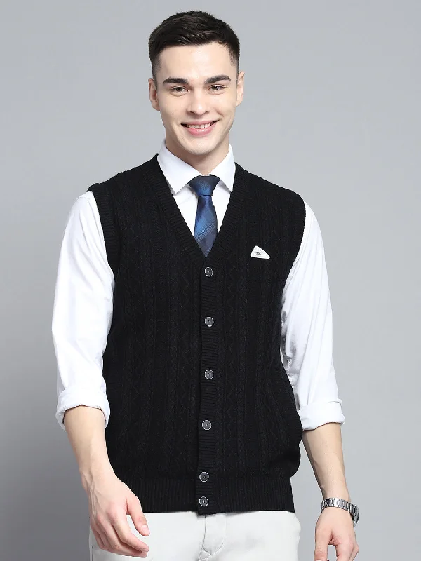 Fitted Men's Slim-Fit SweatersMen Black Self Design V Neck Sleeveless Cardigan