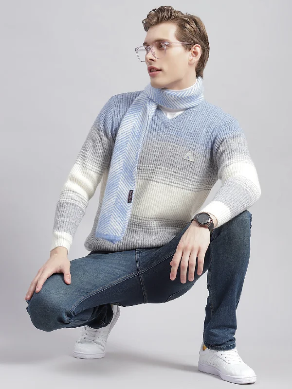 Men's Sweaters with Kangaroo PocketsMen Grey Stripe V Neck Full Sleeve Sweaters/Pullovers