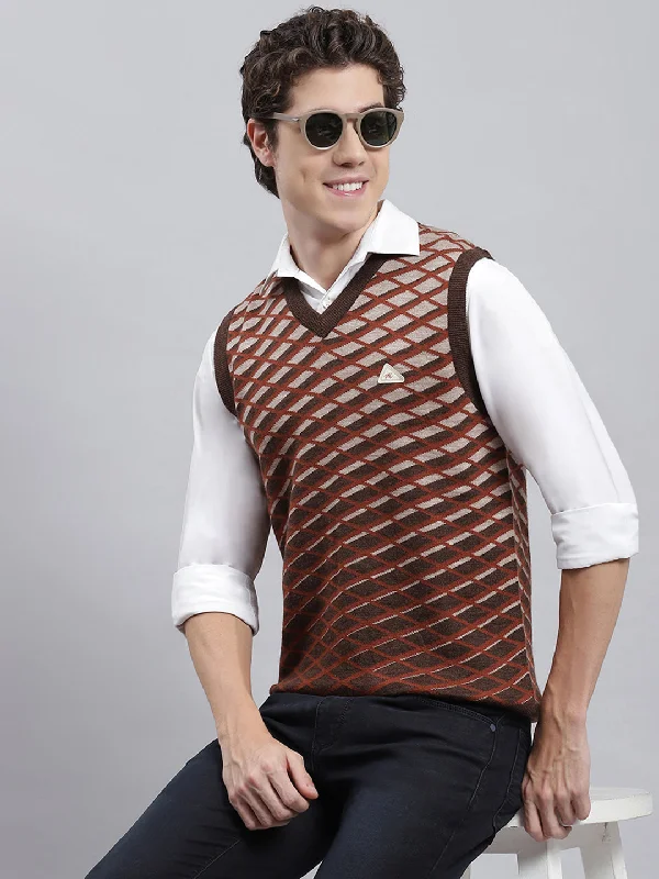 Men's Sweaters with Ribbed HemsMen Brown Jaquard Sweater