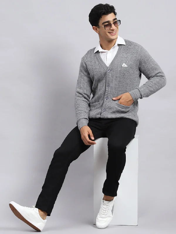 Men's Sweaters with Cable PatternsMen Grey Self Cardigan