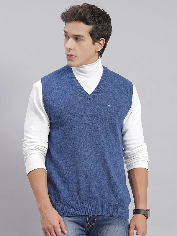 Men's Sweaters with Flat-Front DesignsMen Blue Solid V Neck Sleeveless Sweaters/Pullovers