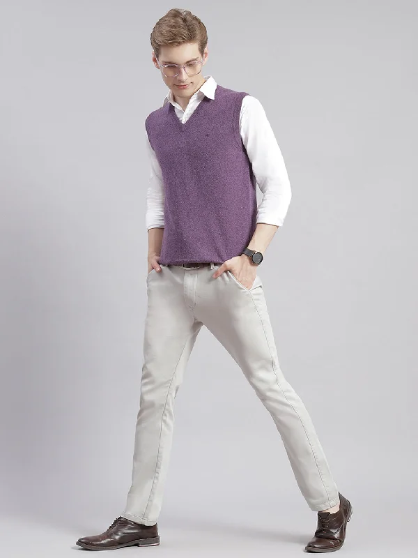 Men's Sweaters with Pleated DesignsMen Purple Solid V Neck Sleeveless Sweaters/Pullovers