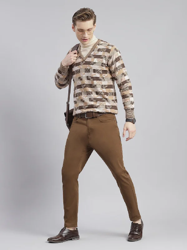 Men's Sweaters for Casual OccasionsMen Brown Self Design V Neck Full Sleeve Cardigans