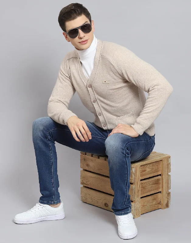 Men's Sweaters with Flat-Front DesignsMen Beige Solid V Neck Full Sleeve Sweater