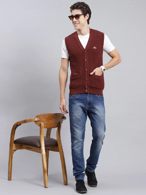 Men's Sweaters with High-Neck DesignsMen Maroon Self Design Pure wool Cardigan