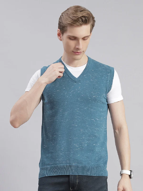 Men's Sweaters with Long SleevesMen Teal Blue Solid V Neck Sleeveless Sweaters/Pullovers