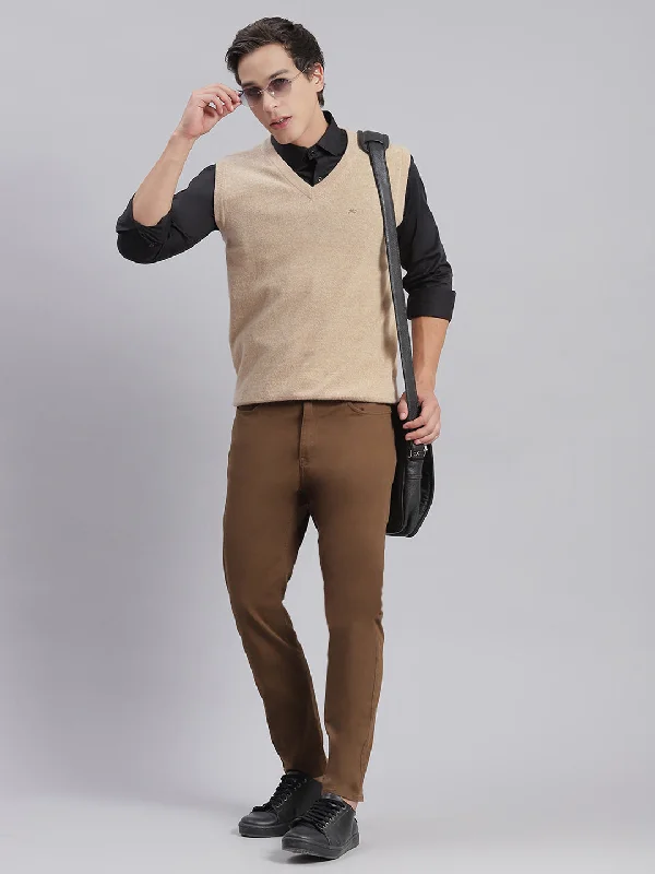 Men's Sweaters with Belt AttachmentsMen Camel Brown Solid V Neck Sleeveless Sweaters/Pullovers