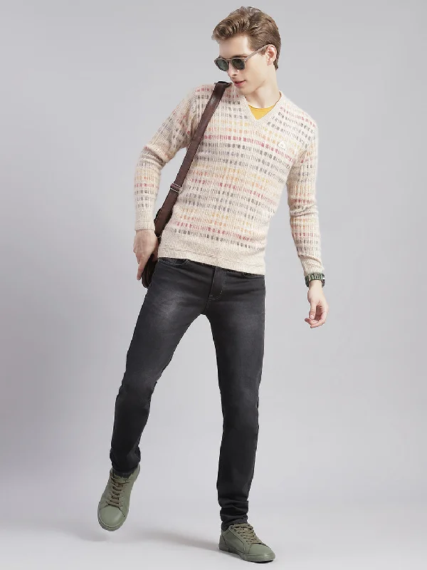 Men's Sweaters with PocketsMen Brown Self Design V Neck Full Sleeve Sweaters/Pullovers