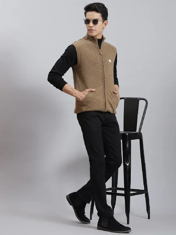 Stylish Men's Turtleneck SweatersMen Brown Solid Stand Collar Sleeveless Sweaters/Pullovers