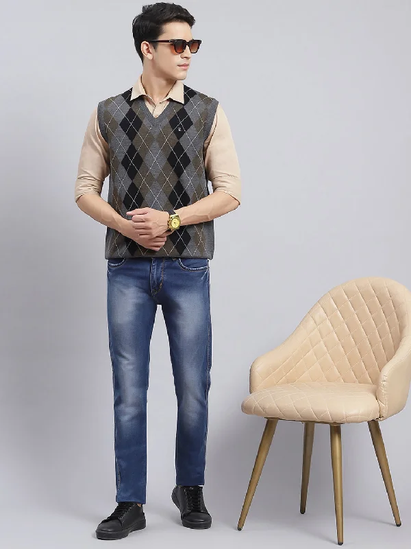 Men's Sweaters with Roll-Neck DesignsMen Grey Printed Pure wool Sweater