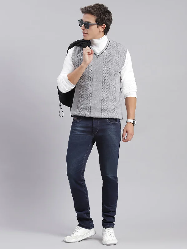 Versatile Men's Zip-Up SweatersMen Grey Self Design V Neck Sleeveless Sweaters/Pullovers