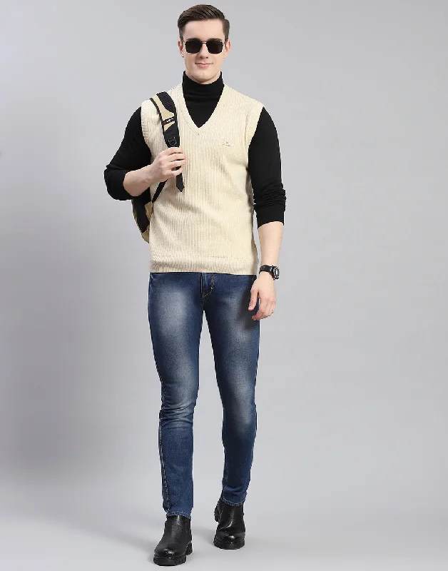 Men's Sweaters for Cold WeatherMen Beige Solid V Neck Sleeveless Sweater