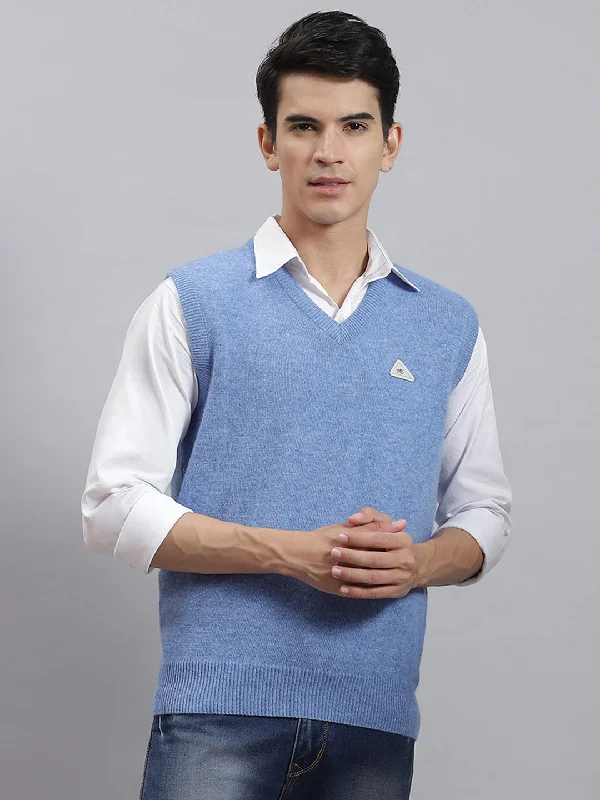 Solid-Colored Men's SweatersMen Blue Solid V Neck Sleeveless Sweaters/Pullovers