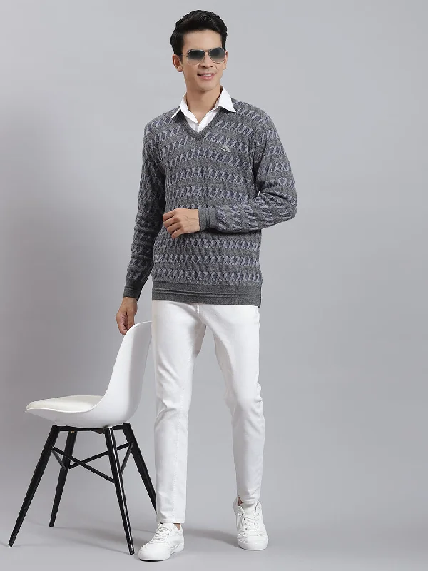 Men's Sweaters with Cable PatternsMen Grey Melange Self Design V Neck Full Sleeve Sweaters/Pullovers