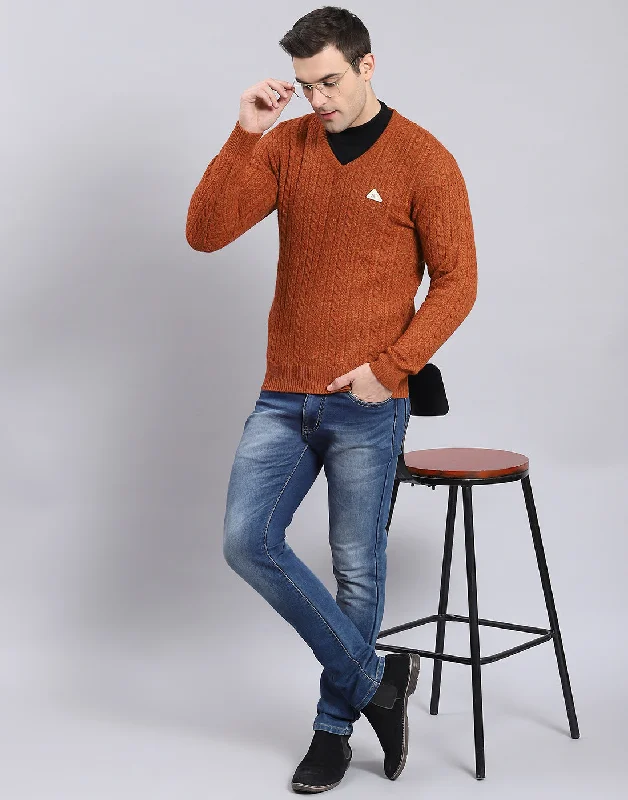 Men's Sweaters with Stand-Up CollarsMen Rust Self Design V Neck Full Sleeve Sweater