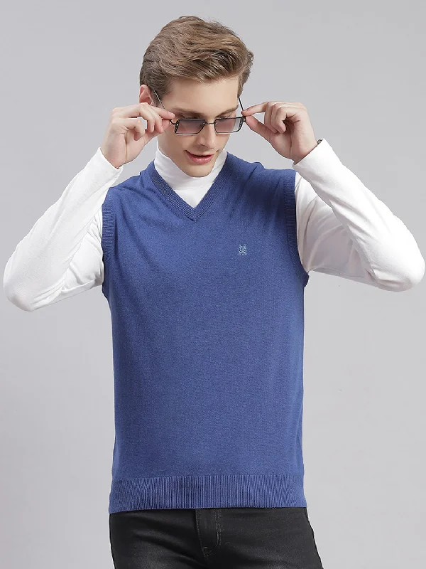 Men's Sweaters with High-Low HemlinesMen Blue Solid V Neck Sleeveless Sweaters/Pullovers