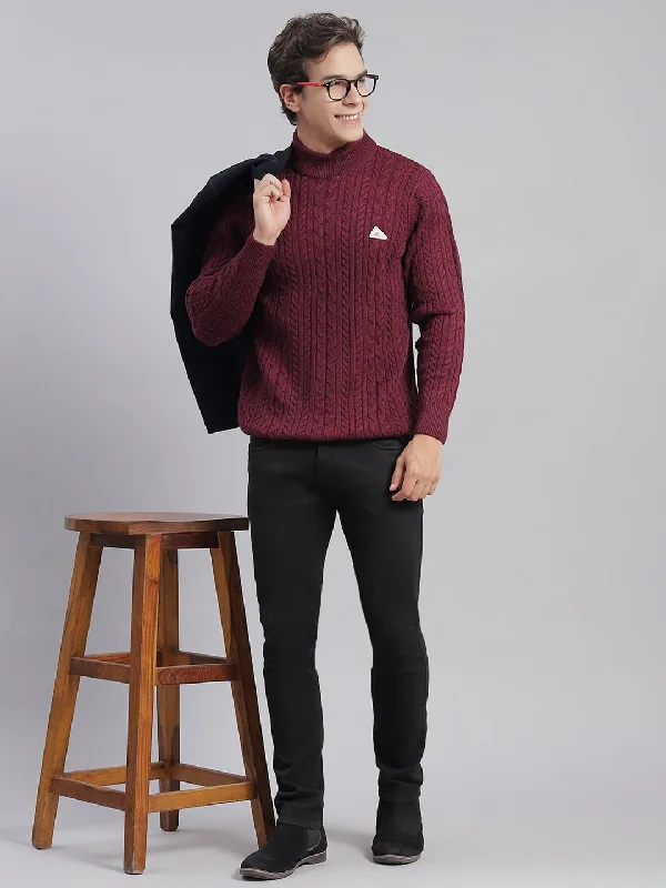 Men's Sweaters with Intarsia DesignsMen Maroon Self Design T Neck Full Sleeve Sweaters/Pullovers