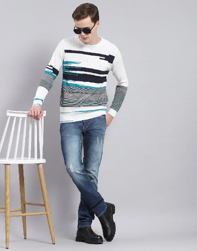 Men's Sweaters for AutumnMen White Self Design Round Neck Full Sleeve Sweater