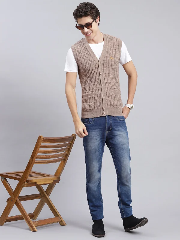 Men's Sweaters with Low-Neck DesignsMen Beige Self Design Pure wool Cardigan