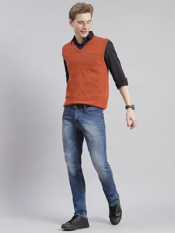 Men's Sweaters with SnapsMen Rust Solid V Neck Sleeveless Sweaters/Pullovers