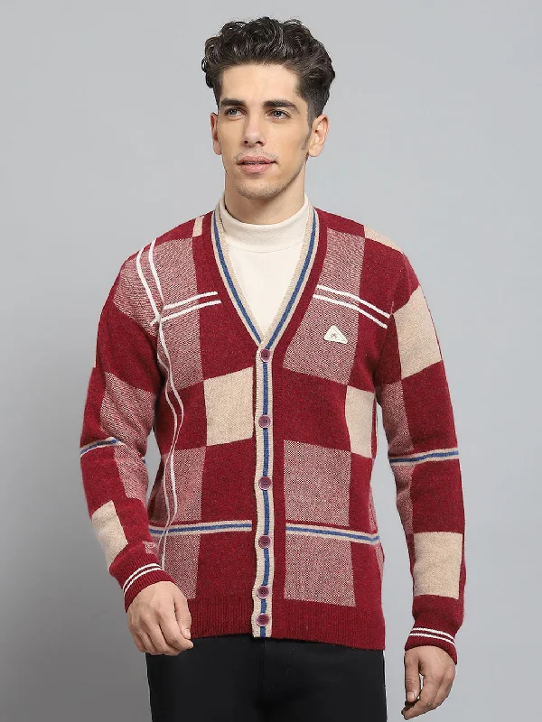 Versatile Men's Zip-Up SweatersMen Maroon Self Design V Neck Full Sleeve Cardigan