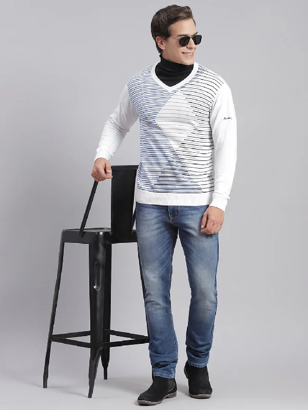 Casual Men's Pullover SweatersMen White Self Design V Neck Full Sleeve Sweaters/Pullovers