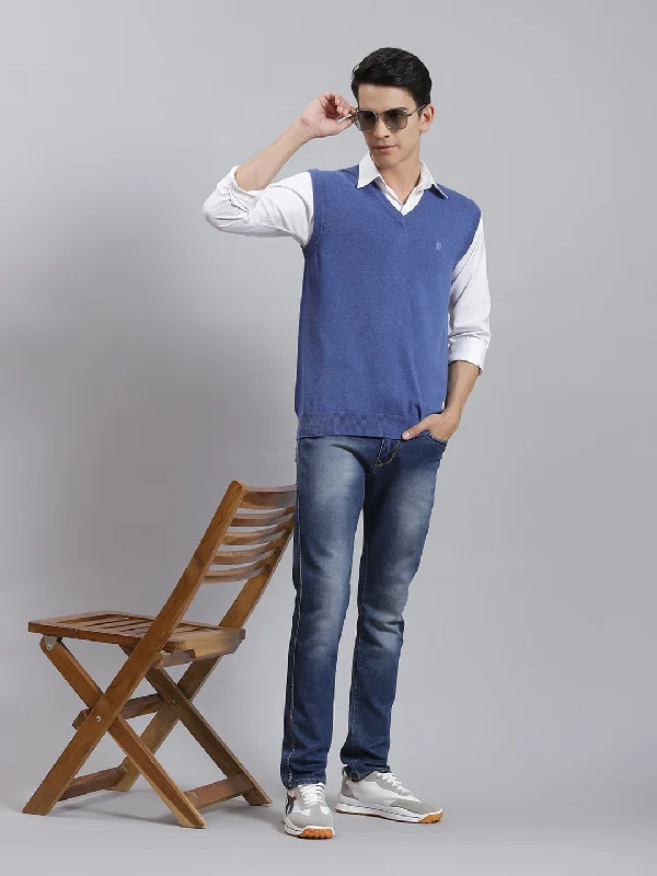 Men's Sweaters with Elastic CuffsMen Blue Solid V Neck Sleeveless Sweaters/Pullovers