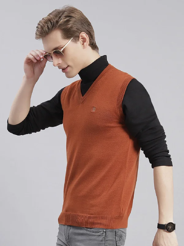 Men's Sweaters with Hoods and DrawstringsMen Rust Solid V Neck Sleeveless Sweaters/Pullovers