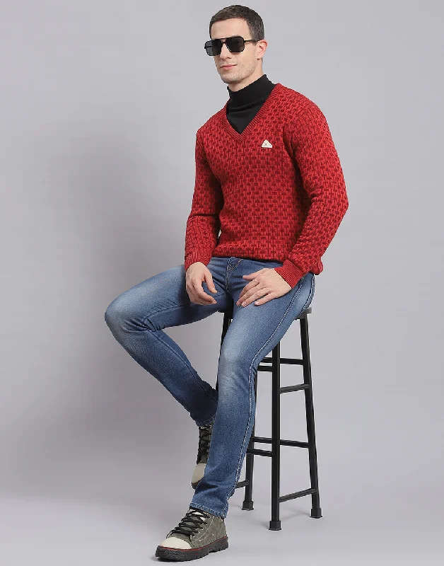 Men's Sweaters in Bright ColorsMen Red Self Design V Neck Full Sleeve Sweater