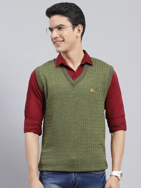 Men's Sweaters with Zippered PocketsMen Green Self Design Pure wool Sweater