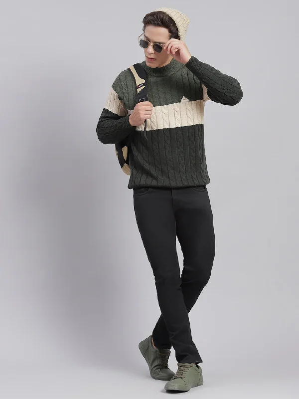 Cozy Men's Cable-Knit SweatersMen Olive Self Design T Neck Full Sleeve Sweaters/Pullovers