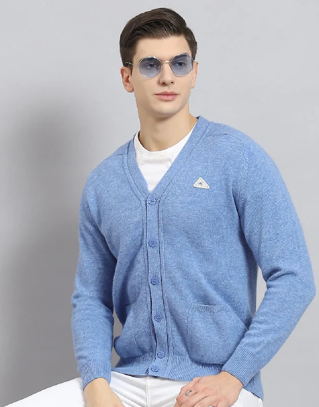 Men's Sweaters with Patch PocketsMen Blue Solid V Neck Full Sleeve Cardigan