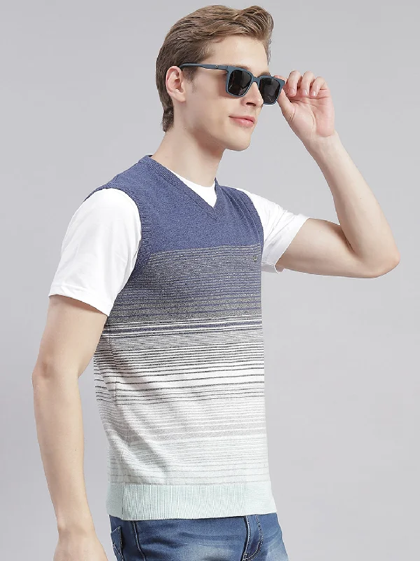 Essential Men's V-Neck SweatersMen Blue Stripe V Neck Sleeveless Sweaters/Pullovers