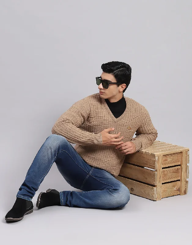 Men's Sweaters for Winter SportsMen Camel Brown Self Design V Neck Full Sleeve Sweaters/Pullovers