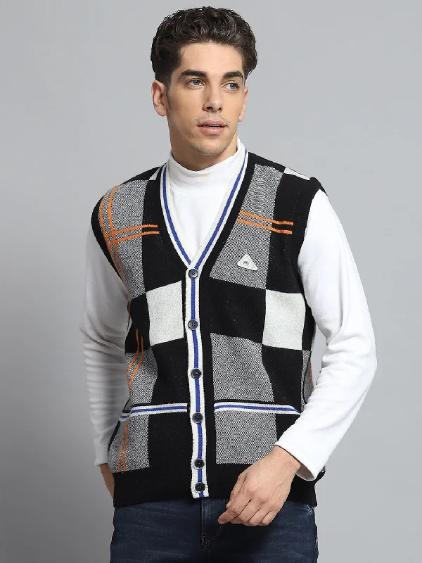 Stylish Men's Turtleneck SweatersMen Black Self Design V Neck Sleeveless Cardigan