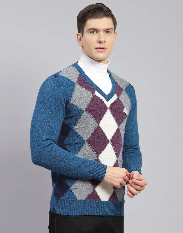 Men's Sweaters with Dropped ShouldersMen Teal Blue Self Design V Neck Full Sleeve Sweater