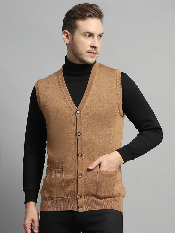 Men's Sweaters with Zippered PocketsMen Beige Solid V Neck Sleeveless Cardigan