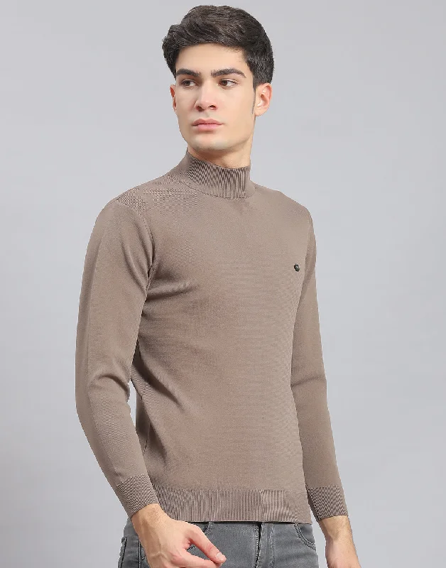 Men's Sweaters with High-Neck DesignsMen Brown Solid T Neck Full Sleeve Sweater