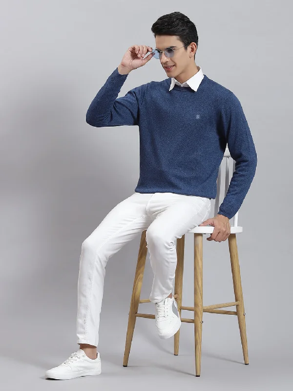 Men's Sweaters for WinterMen Blue Solid Round Neck Full Sleeve Sweaters/Pullovers