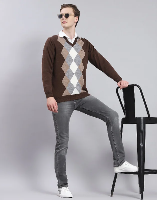 Men's Sweaters for Mild WeatherMen Brown Self Design V Neck Full Sleeve Sweater