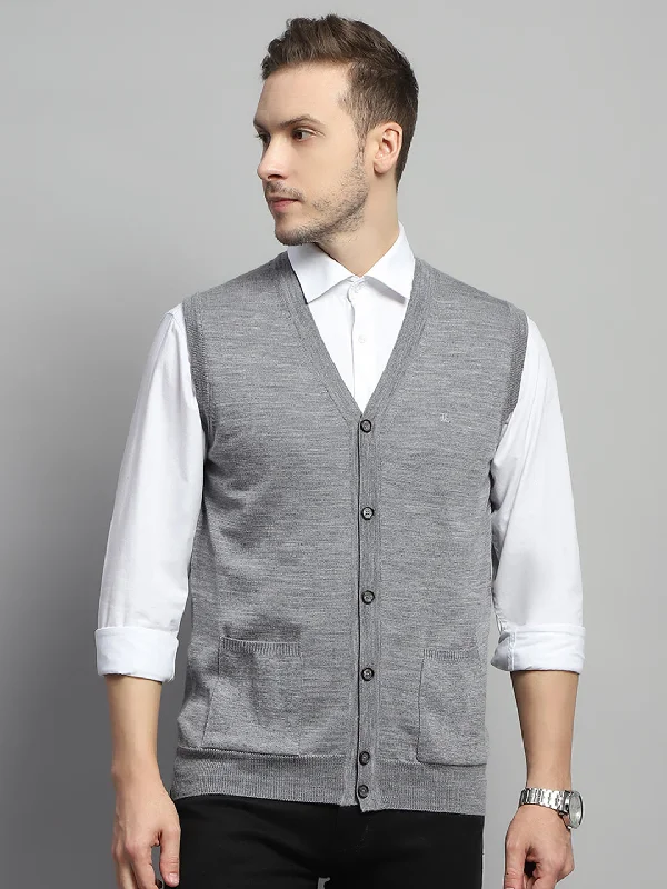 Men's Sweaters with Button-Down PlacketsMen Grey Solid V Neck Sleeveless Cardigan