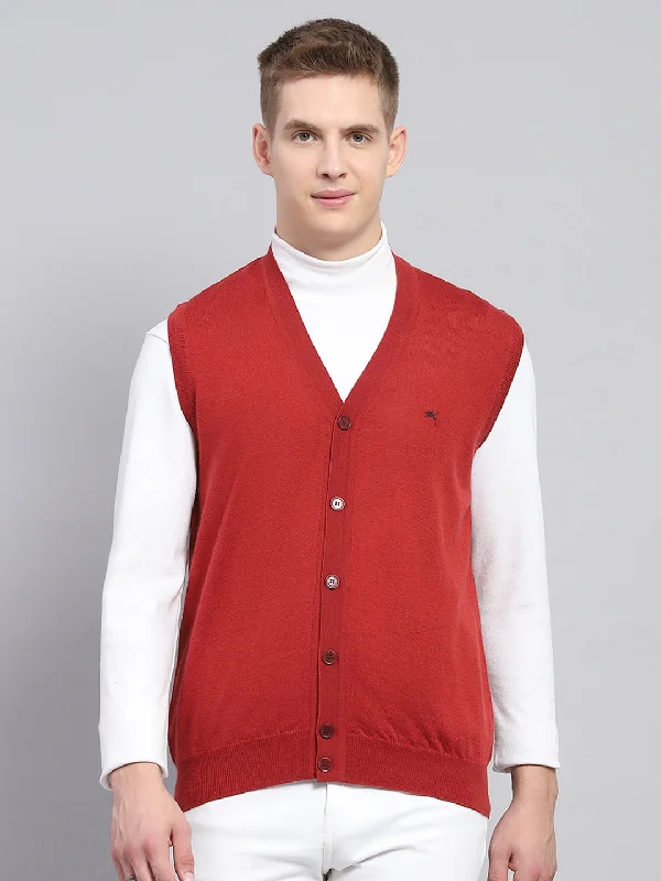 Layered Men's Vest SweatersMen Red Solid V Neck Sleeveless Cardigan