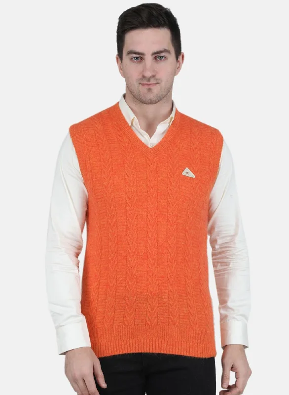 Men's Sweaters with High-Low HemlinesMen Orange Self Design Sweater