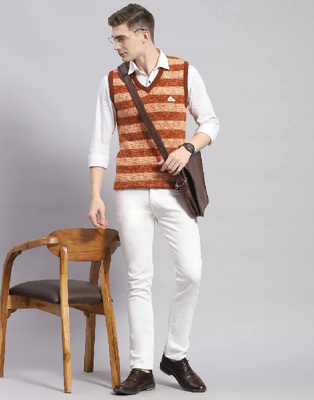 Men's Sweaters with Fair Isle PatternsMen Rust Stripe V Neck Sleeveless Sweater